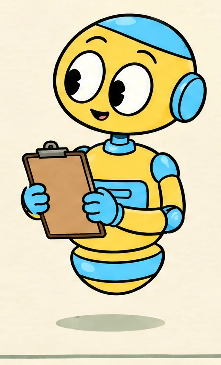 Bit, the yellow and blue hovering robot, holding a clipboard.
