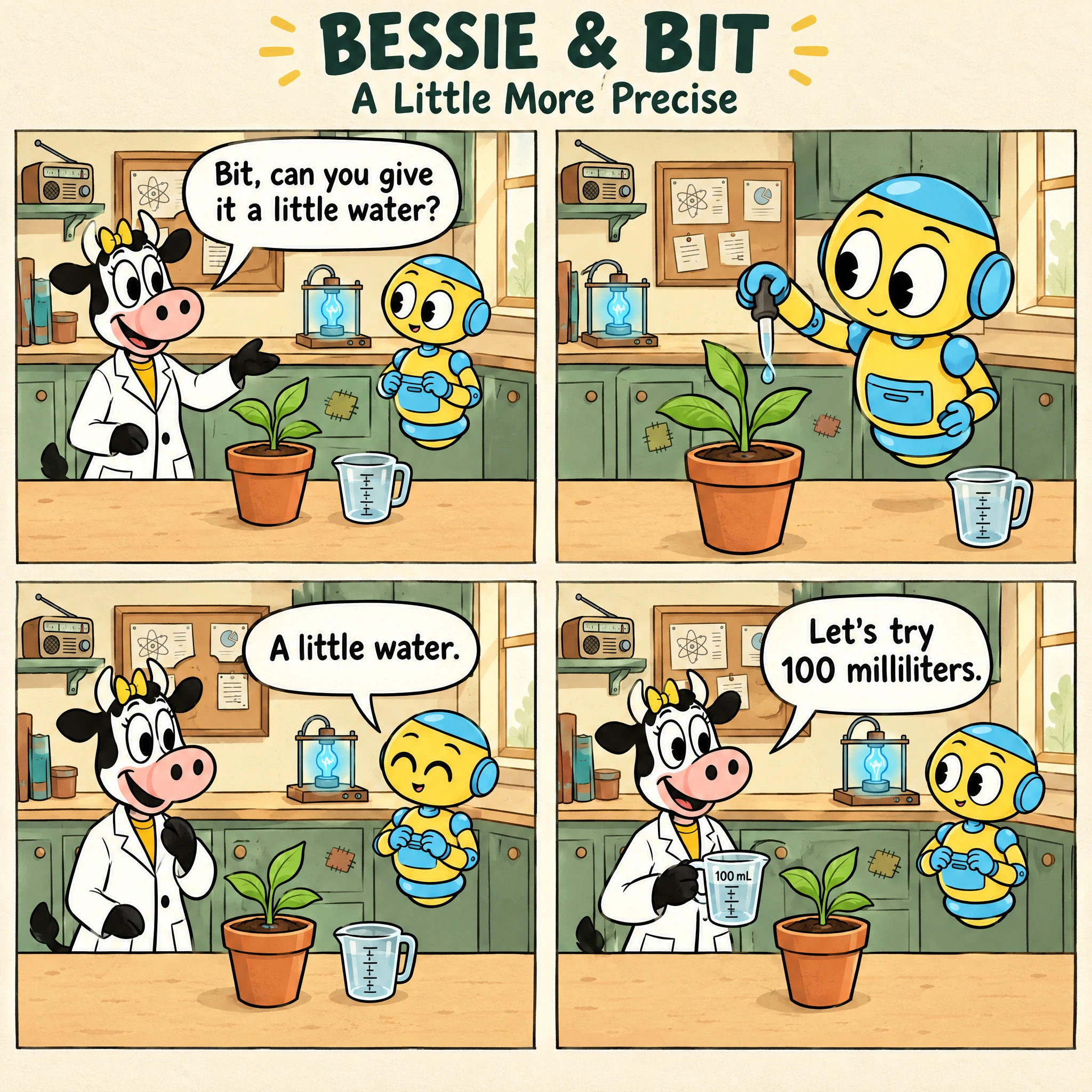 Four-panel comic: Bessie asks Bit to give a plant a little water. Bit supplies one drop. Bessie clarifies: Let’s try 100 milliliters.